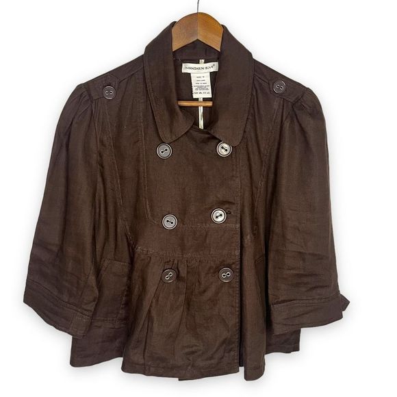 Mandarin Blue Linen Double-Breasted Tab Shoulder Collared‎ Neckline Coat Medium - Picture 1 of 12